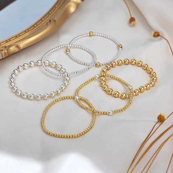 Layered Beaded Bracelets Set Gold Silver Plated Dainty Stretch Jewelry Gift - Picture 6 of 8
